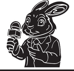 Vector illustration of rabbit as press reporter holding mic, Cartoon bunny as news journalist with microphone, Mic-holding rabbit sketch