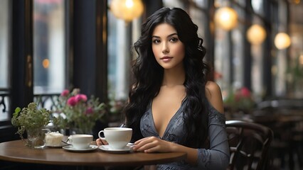 beautiful and elegant woman sitting enjoying afternoon tea in the cave