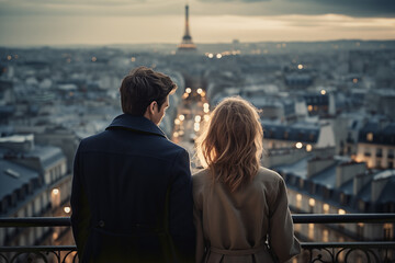 A young couple contemplates the skyline of Paris - obrazy, fototapety, plakaty