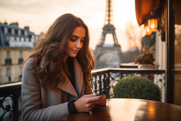 A young girl looks at her mobile phone sitting at the table on a terrace in Paris. The tower in the background - obrazy, fototapety, plakaty