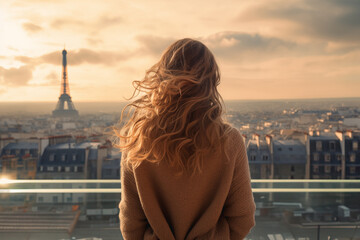 A young girl with long hair is looking at the Paris skyline from the hotel. The tower in the background - obrazy, fototapety, plakaty