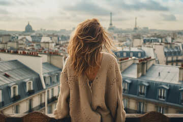 A young girl with long hair is looking at the Paris skyline from the hotel. The tower in the background - obrazy, fototapety, plakaty