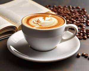 An open book next to a cup of coffee, beautiful coffee cup image