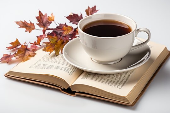 A book topped with a coffee cup against a white backdrop, image of coffee cup