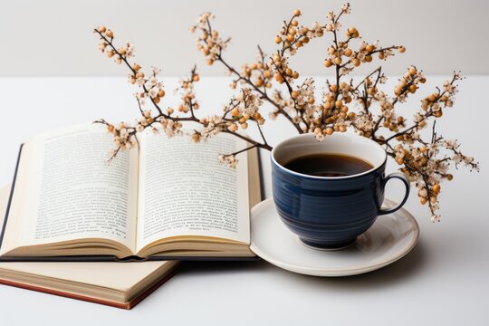 Book and coffee cup on white background, beautiful coffee cup image