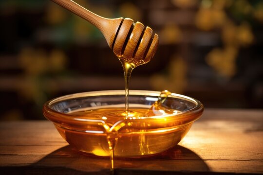 Honey dripping from a wooden spoon on a wooden table. Generative AI.