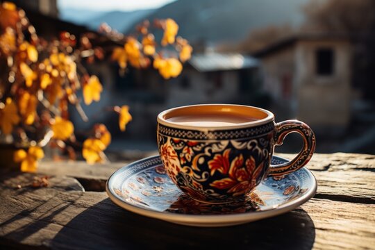 Coffee cup with scenic mountainscape, image of coffee cup