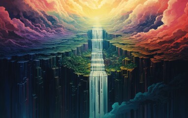 A pixelated rainbow waterfall pouring from an unseen source into a bottomless void, Abstract colorful object.
