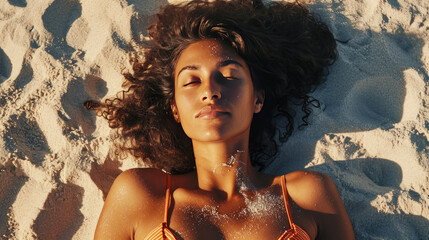 Beautiful woman lying on the shore at the beach