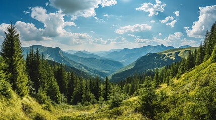 Fototapeta premium Majestic mountain landscape with layers of green foliage and a bright blue sky overhead.