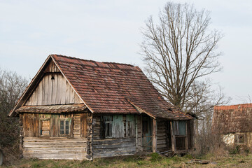 Fototapeta na wymiar Croatia, April 20,2022 : Very old traditional wooden house.