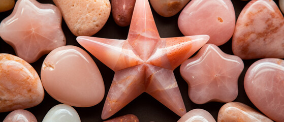Stone in the shape of a star, surrounded by pebbles, in peach fuzz tone