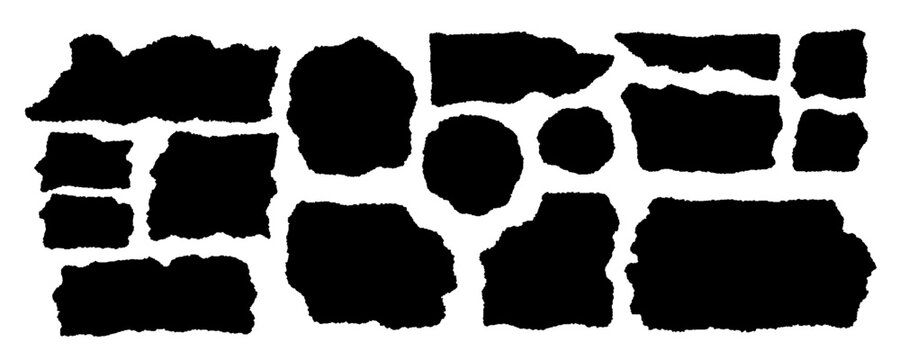 Set of torn paper frames. Black vector collage shape of ripped paper silhouettes isolated on a white background. Old vintage paper backgrounds. Abstract overlay scratched design. Vector illustration