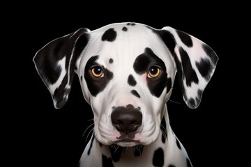 A Dalmatian dog, with its distinctive spots, is seen in a frontal portrait.