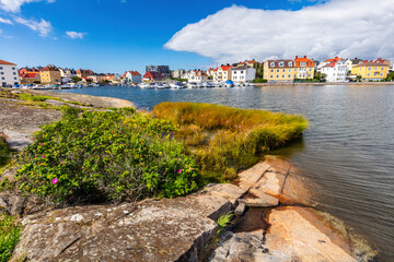 View on Karlskrona houses on Baltic sea coast, Sweden from Stakholmen island