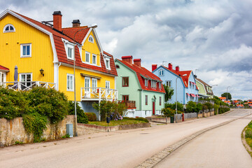 Scandinavian street with colorful houses in Karlskrona Sweden