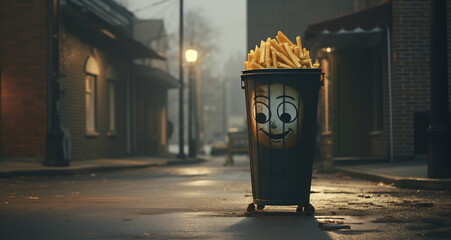 Emoji Trash Bin in Evening Cityscape
