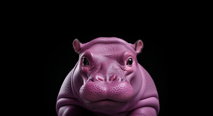 A purple hippo, with its face morphed, is seen against a black background in a detailed portrait. - obrazy, fototapety, plakaty