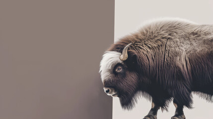 A bison, possibly a buffalo or a bull, is seen standing next to a white wall, its detailed features visible.