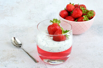 strawberry dessert with jelly, yogurt and chia seeds isolated copy space
