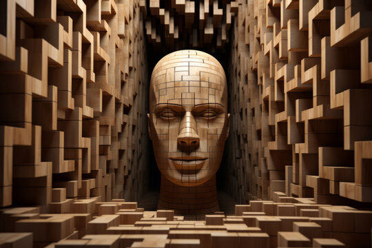 A 3D image of a man's head, surrounded by cubes, is seen in a puzzle-like room.