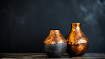 A couple of vases sit on a wooden table, possibly made of copper oxide and rust materials, with a dark and smoky background. - obrazy, fototapety, plakaty