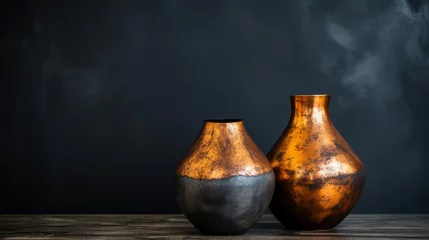 Foto op Plexiglas A couple of vases sit on a wooden table, possibly made of copper oxide and rust materials, with a dark and smoky background. © Duka Mer