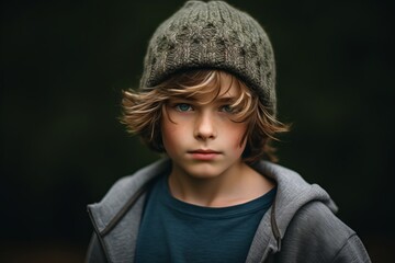 Portrait of a little boy in a knitted hat and coat.