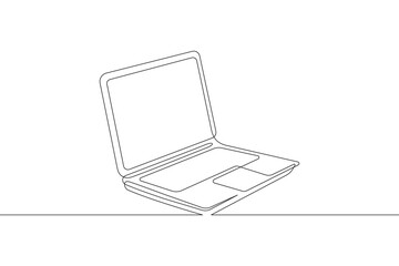 Open modern laptop. Laptop for online work. One continuous line drawing. Linear. Hand drawn, white background. One line
