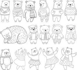 set of bears characters, sketch, vector