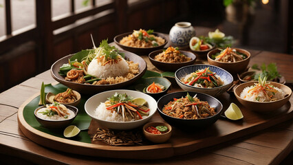Elevate the visual feast of Rice Thai cuisine by arranging a delightful assortment of dishes on a wooden table
