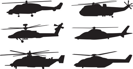 set of helicopters, silhouette on a white background, vector