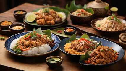 Fototapeta premium Elevate the visual feast of Rice Thai cuisine by arranging a delightful assortment of dishes on a wooden table