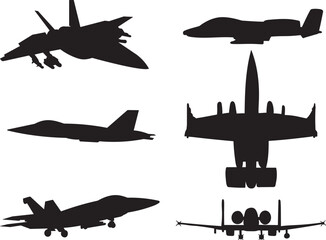 set of airplanes, silhouette on a white background, vector