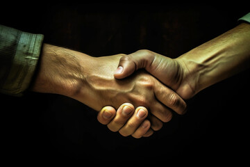 Strong friendly partnership business handshake of two male hands, dark background isolate.