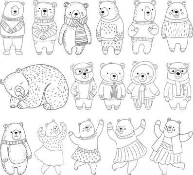 set of bears characters, sketch, vector