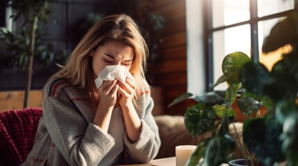 Sick woman blowing her nose with handkerchief, Sneezing, Common Cold