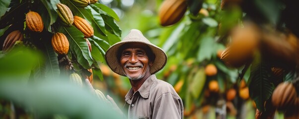 portrait of a cocoa farmer harvesting cocoa - obrazy, fototapety, plakaty