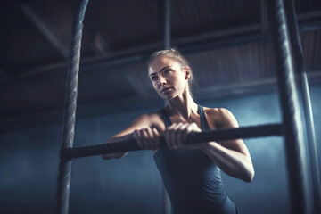 Fototapeta na wymiar A woman gymnast exercises on sports horizontal bars, dark background isolate.