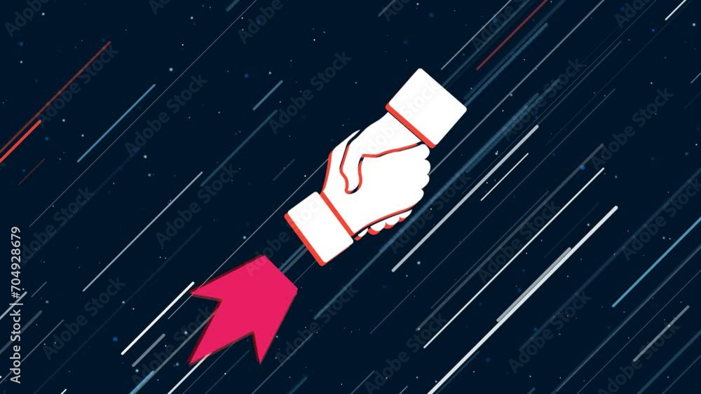 Poster handshake symbol flies through the universe on a jet propulsion. the symbol in the center is shaking