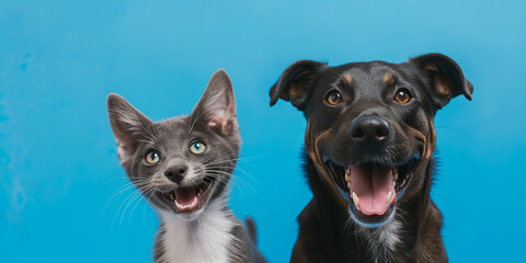 Obraz premium Joyful Canine and Feline Companions.Cat and Dog on Blue Background. Odd friendships concept.