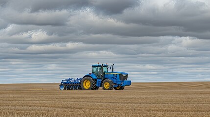 Obraz premium A tranquil spring morning sets the stage for a captivating sight: a steadfast tractor navigating the lush green fields, its tire tracks leaving a mark of progress and promise