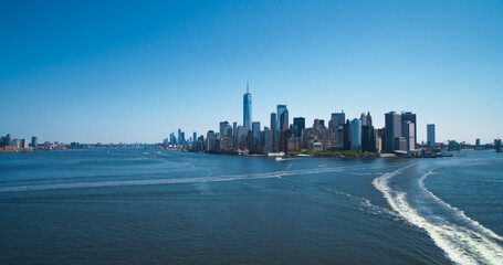 Aerial Shot of  Manhattan Island with Office and Apartment Buildings. Hudson River Scenery with...