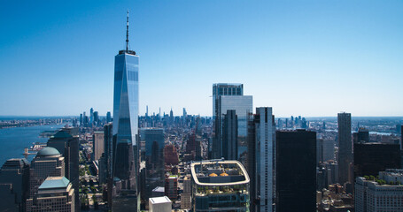 Scenic Aerial New York City View of Lower Manhattan Architecture. Panoramic Wall Street Financial...