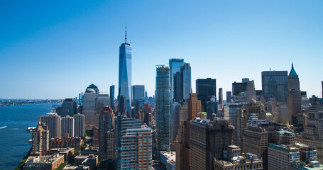 Scenic Aerial New York City View of Lower Manhattan Architecture. Panoramic Wall Street Financial...