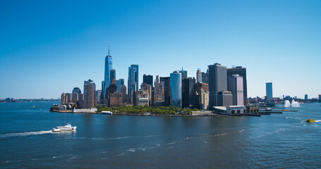 Aerial Photo of Manhattan Island with Office and Apartment Buildings. Hudson River Scenery with...