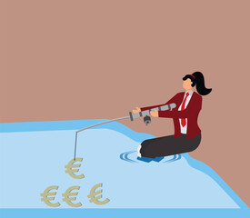 Catching, Euro Symbol, European Union Currency, Commercial Fishing Net, Businesswoman