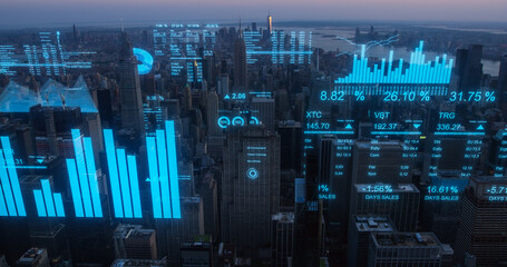 Modern Smart City Concept: Aerial Helicopter Footage of New York City with Animated Digitization Visuals Over Landmark Business Buildings. VFX Data with Graphs, Charts, Urban Analytical Reports - obrazy, fototapety, plakaty