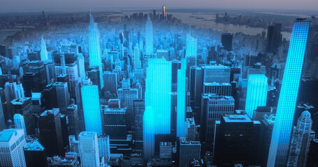 Aerial View of New York City Architecture with Augmented Reality Visualization, Digital Holograms Over Buildings and Skyscrapers, Robotic Vision Concept