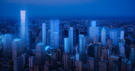 Aerial View of New York City Architecture with Augmented Reality Visualization, Digital Holograms...
